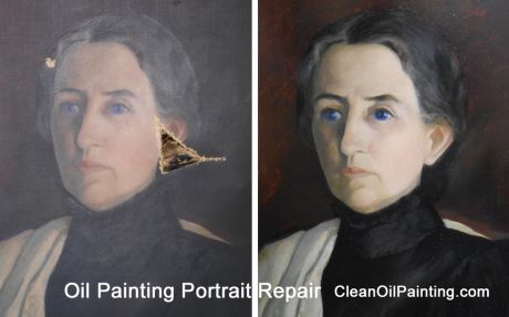Oil painting portrait repaired and cleaned Before and after of damaged oil painting portrait